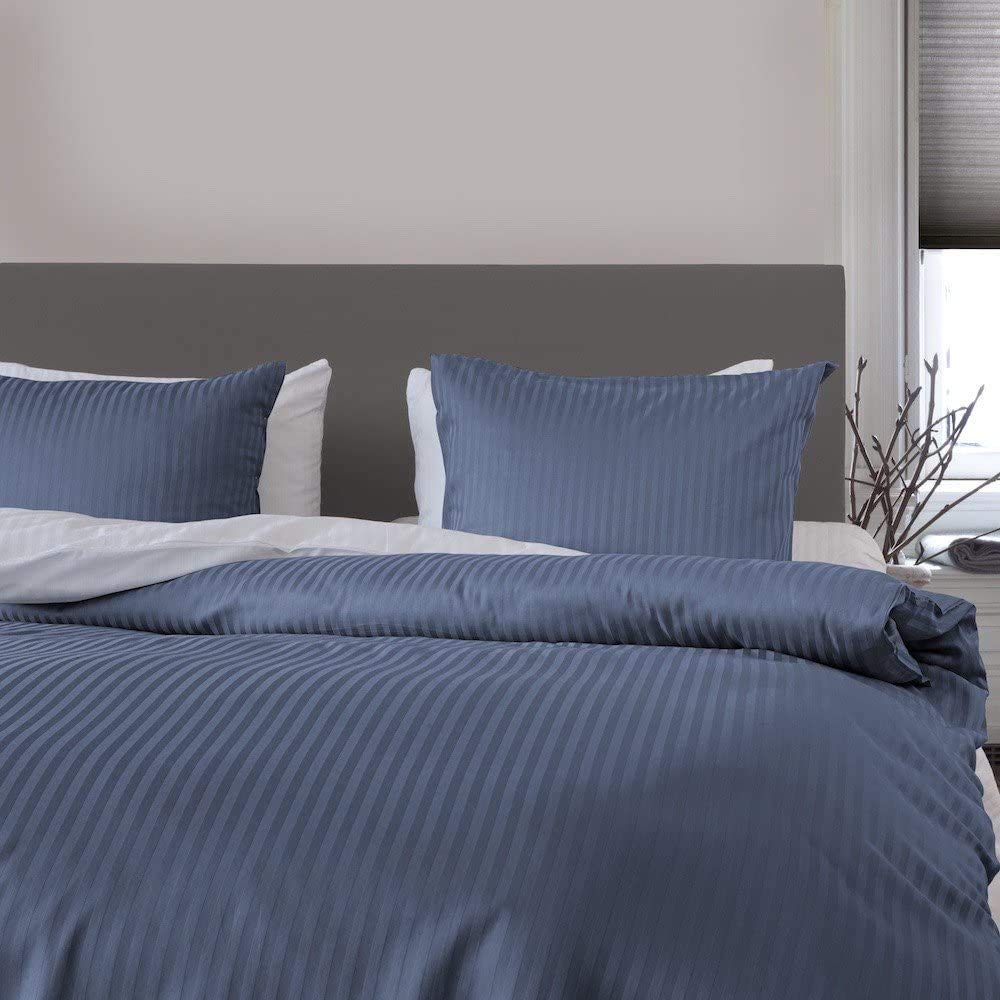 Heckett Lane Bed Linen 100% Cotton Mako Satin Plain Stripe 135 x 200 (80 x 80) Steel Blue