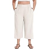 FOREYOND Plus Size Linen Capris Pants High Waisted Wide Leg Pants Loose Fit Yoga Pants with Pockets Travel Beige 3XL