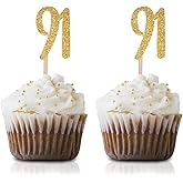 Gold Happy 91st Birthday Cupcake Topper, 24-Pack Number 91 Glitter Birthday Party Cupcake Toppers, Decorations