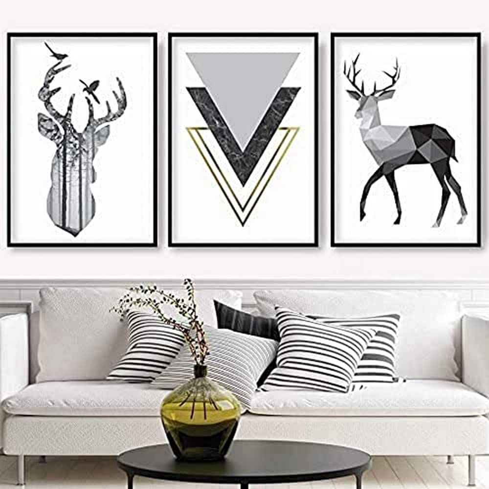 Artze Wall Art Geometric Effect Scandinavian Stags Abstract Triangles Pattern Art Prints 3-Piece Set, 30 cm Width x 40 cm Height, Black/Grey/Gold