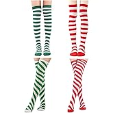 Yxtwaeh 4 Pairs Christmas Striped Knee High Socks Over Knee Long High Stockings for Women Teens Christmas Party Costume, 2 Styles