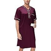 SWOMOG Mens Silk Satin Nightshirt Short Sleeve Loose Henley Sleep Shirt Comfy Nightgown Big & Tall Men Sleepwear