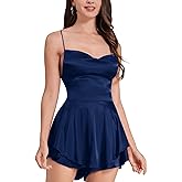AGYMNX Women Sexy Spaghetti Strap Satin Dress Sleeveless Low Cut Backless Short Romper Dress Party Jumpsuit Mini Sundress