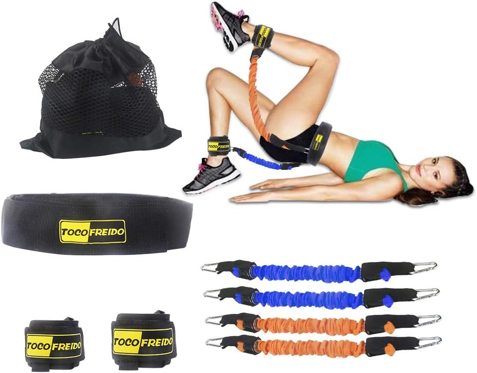 TOCO FREIDO Booty Resistance Bands Workout Program, Lift & Tone Your Perfect Butt, Vertical Jump Trainer with 4 Resistance Bands, Adjustable Waist Belt, Ankle Cuffs, Carry-on Bag