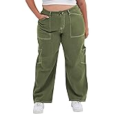 Eytino Womens Plus Size Cargo Pants High Waisted Stretch Wide Leg Baggy Pants Casual Trousers with Pockets(1X-5X)