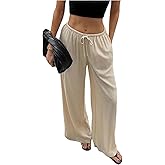 SHENHE Women's Summer Linen Low Rise Drawstring Wide Leg Beach Palazzo Pants Trousers