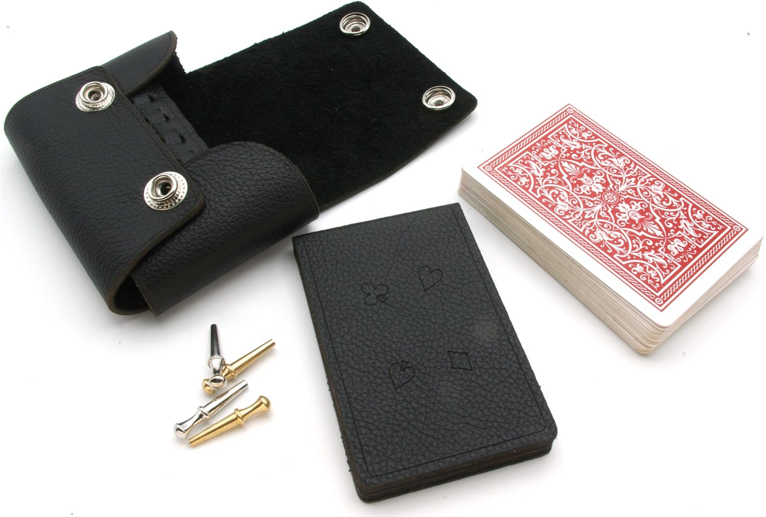 Brimtoy Black Leather travel cribbage set - Pocket sized leather hinge board complete with 4 metal pegs, playing cards -Made in Britain