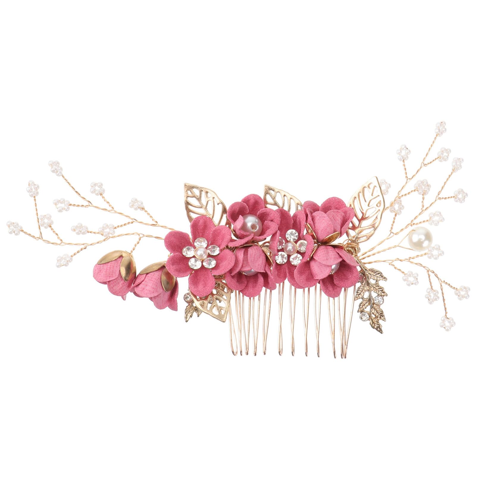 Lurrose Bride Wedding Hair Comb Combs for Hair Rhinestone Pearls Leaf Hair Piece Crystal Hair Side Comb for Women and Girls, Rosy