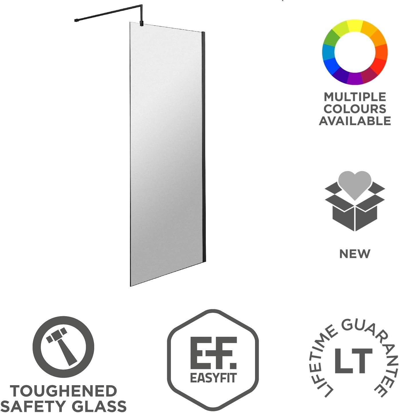 Nuie WRSCBP070 Modern Bathroom 8mm Toughened Safety Glass Wetroom Screen with Support Bar, 700mm, Matt, Satin Black - Image 5