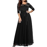 Women's Plus Size Lace Chffon Long Maxi 3/4 Sleeve V-Back Formal Dress