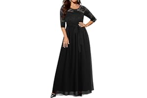 PINUP FASHION Women's Plus Size Lace Chffon Long Maxi 3/4 Sleeve V-Back Formal Dress