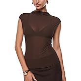 INLYRIC Women's Cosnufy Mesh Sheer Mock Turtle Neck Tank Tops See Through Sleeveless Sexy Summer Going Out Tops