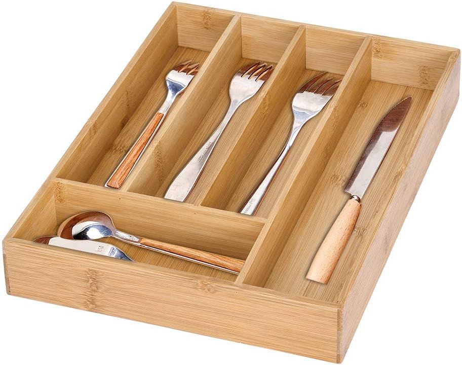 Bamboo Cutlery Tray Kitchen Expandable Drawer Organizer Silverware Organizer Drawer Narrow, 5 Compartment Utensil Cutlery Tray (Original Color2)