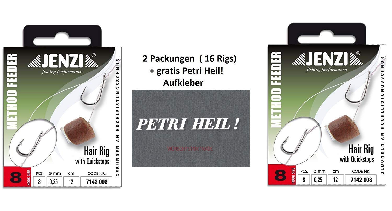 Jenzi set: 2 pack (16 rigs) method feeder hair rig with quickstop, length: 12.0 cm, diameter: 0.25 mm, hook size 8, with free Petri Heil! -