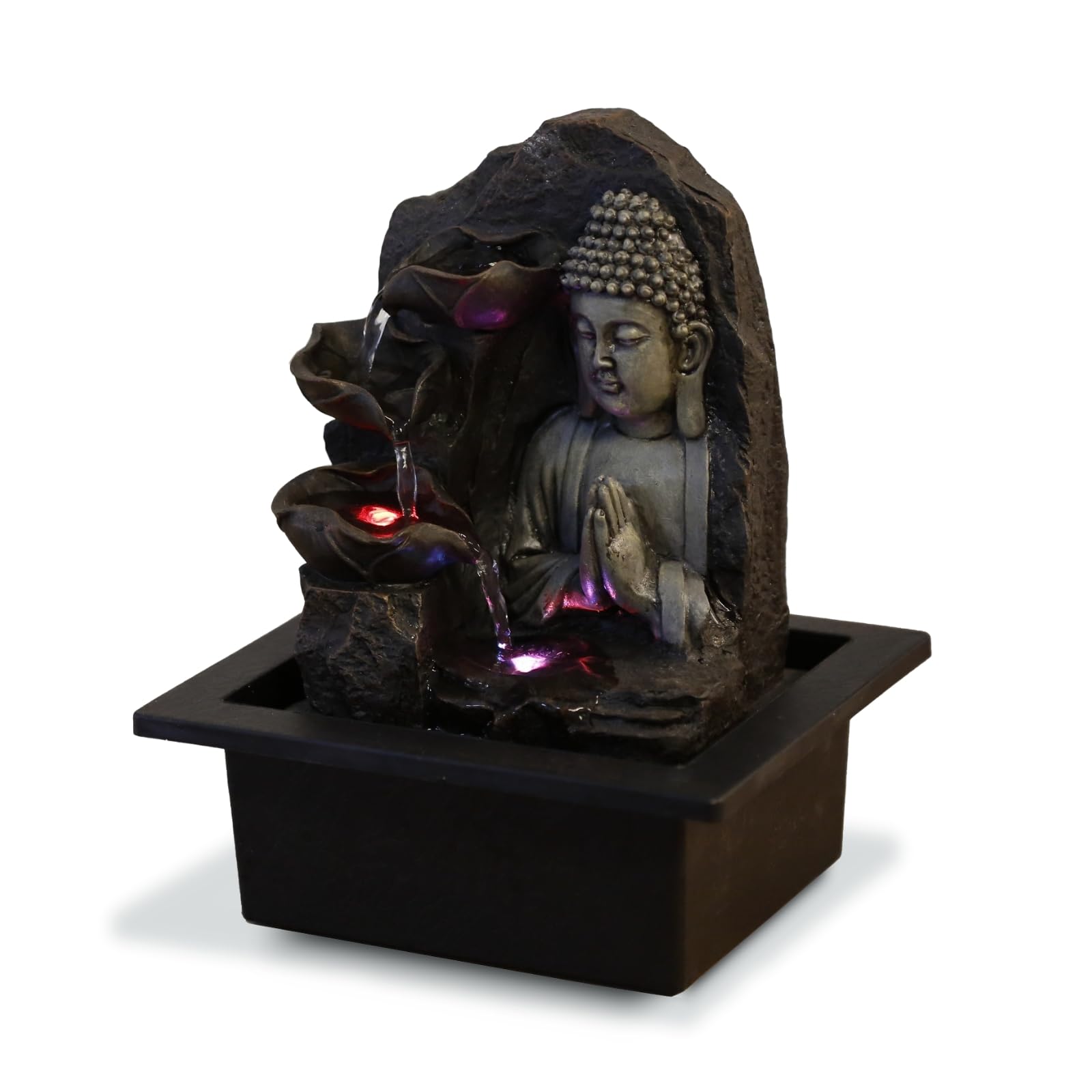 Indoor Fountain Waterfall Buddha Lotus Coloured LED Light Feng Shui Home Decoration Zen Spirit Gift Idea with Silent Pump Provided, Zen'Light Spirituality, 21 x 21 x 26 cm