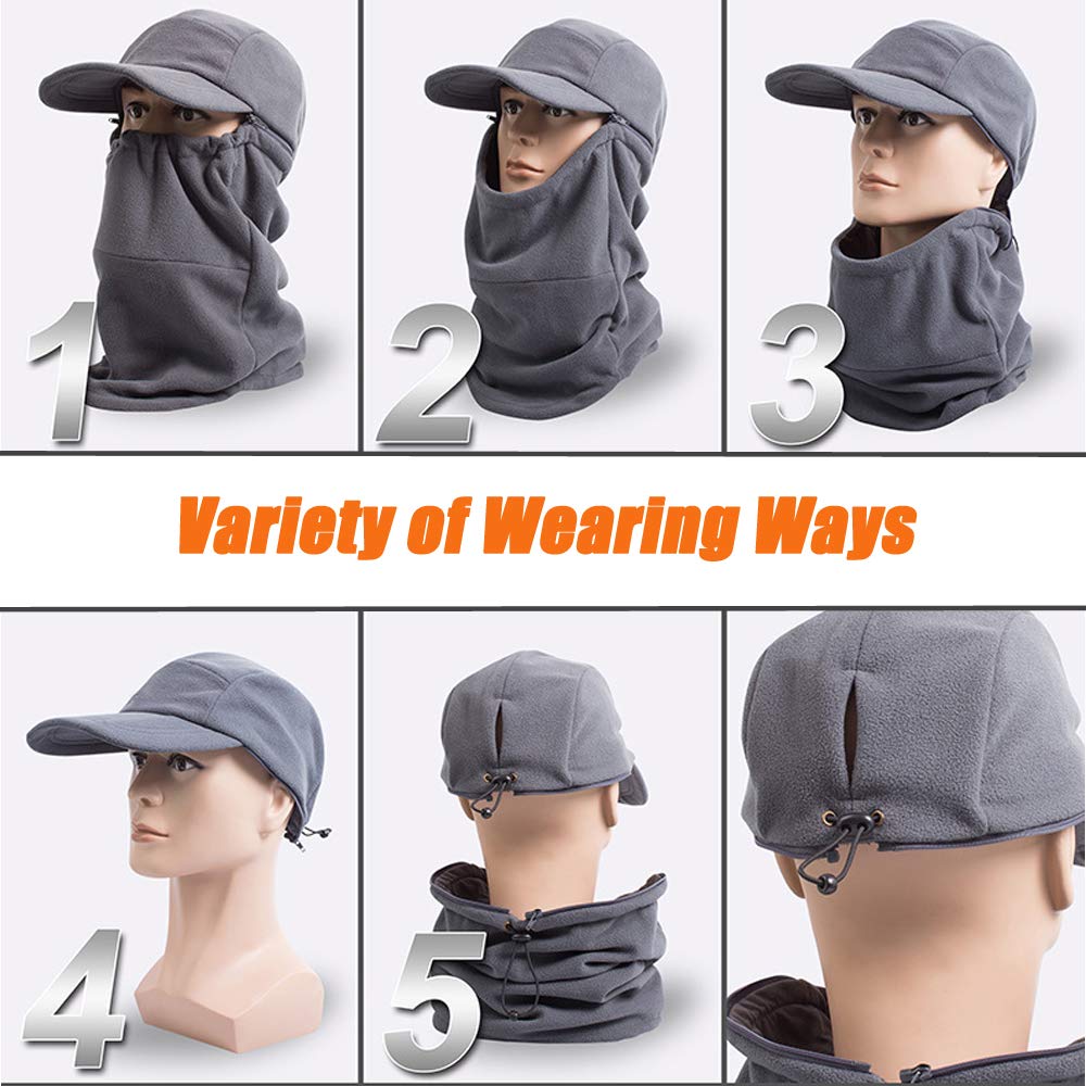 ToVii Winter Fleece Balaclava Hood Sets Ski Face Mask with Detachable Neck Warmer Windproof Thermal Protective Headgear Cap Grey