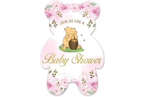 brayqu Winnie the Pooh Girl Baby Shower Invitations Pink Floral Pooh Bear Baby Shower Party Bear Shaped Invitations Fill-in Invites (20 Invitations with Envelopes)