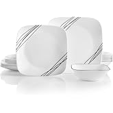 Corelle Vitrelle 18-Piece Service for 6 Dinnerware Set Triple Layer Glass and Chip Resistant, Lightweight Square Plates and Bowls Set, Simple Sketch