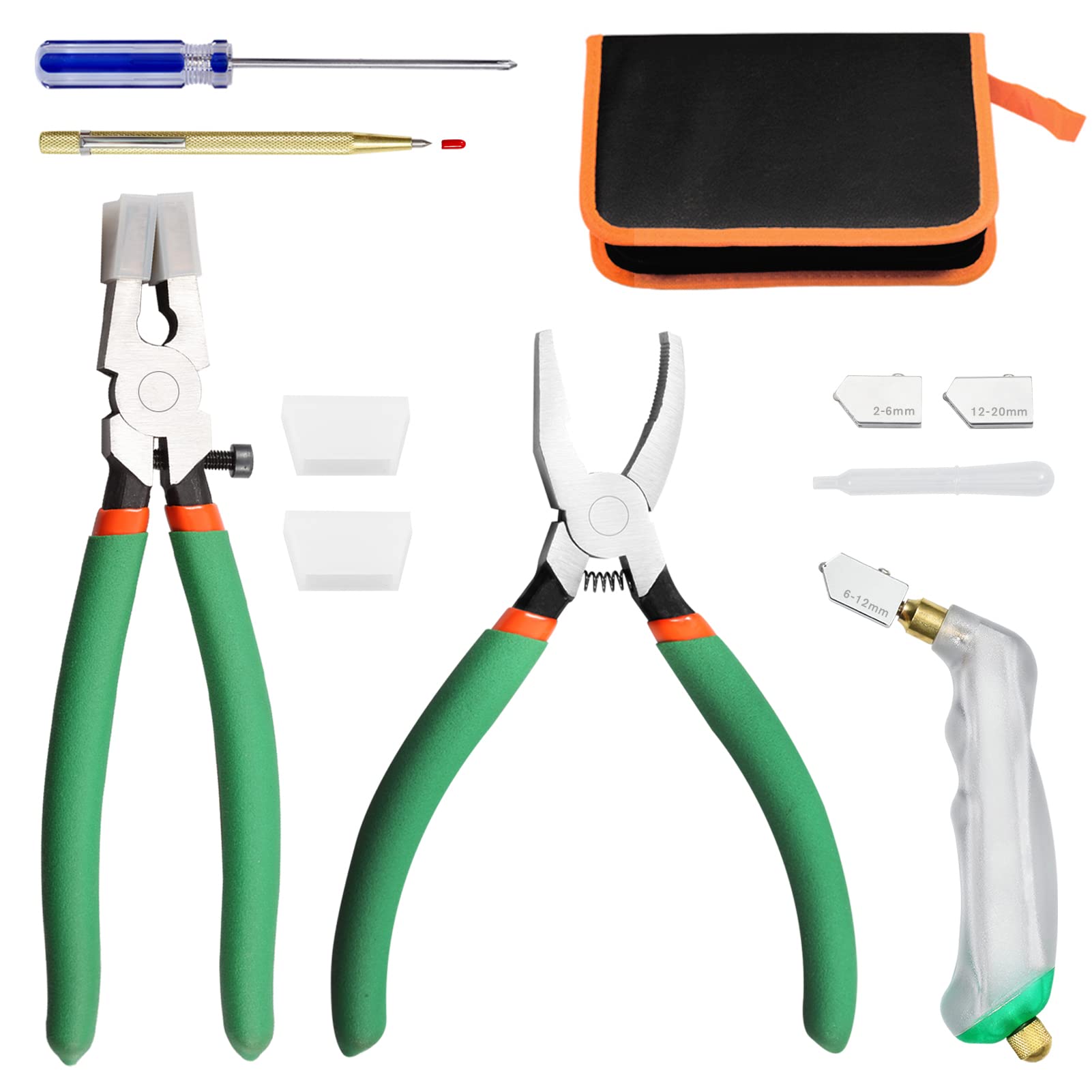 LEONTOOL Glass Cutter Kit Include Glass Running Pliers Grozer Pliers 2 Pairs Replacement Rubber Tips Glass Cutter Tungsten Carbide Tip Scriber Screwdriver Stained Glass Pliers PU Storage Bag