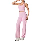 RXRXCOCO Halter Workout Sets for Women 2 Piece Padded Crop Tank Tops Straight Leg Yoga Pants Outfits with Hidden Pocket