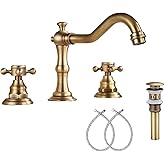 GGStudy 8 inch 2 Handles 3 Holes Widespread Bathroom Sink Faucet Antique Brass Bathroom Vanity Faucet Basin Mixer Tap Faucet Matching Metal Pop Up Drain with Overflow