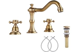 GGStudy 8-16 inch Two Handles 3 Holes Widespread Bathroom Sink Faucet Antique Brass Basin Mixer Tap Faucet Matching Metal Pop