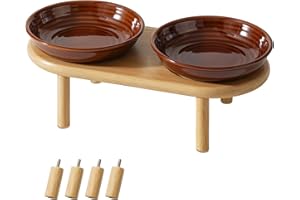 Havniva Elevated Ceramic Cat Dish, Wide Whisker Friendly Anti-Slip Food & Water Bowl with 2 Heights Adjustable Stand - Pet Bowl Set for Cats (2 Dishes +Stand, Caramel Brown)