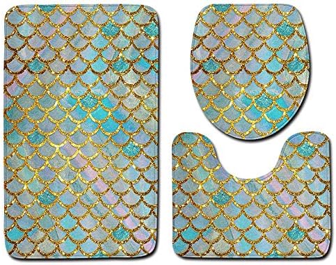 Toilet mats Set Fiaya 3Pcs /4PCS Fish Scale 3D Multicolor Polyester Bathroom Set Rug Contour Mat+Toilet Lid Cover +Plan Solid Color Bath Mats +Shower Curtain (3PCS, Colorful E01)