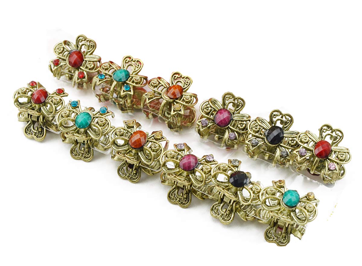 12PCS Women Lady Vintage Metal Mini Jaw Clip Rhinestone No-Slip Hair Claw Small Bang Jaw Clip Hair Clamp Hair Grip Hair Pin (E#)