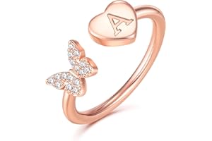 GLISHIVER Stackable Initial Rings for Women, Rose Gold Plated Butterfly Capital Letter Rings for Teens, Girls