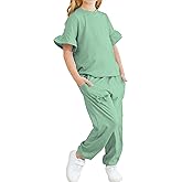 Jimonda Kids Girls Outfits Ruffle Sleeve T-Shirt and Pants Set with Side Pockets Clothing Set 2 Piece 4-13 Years Old