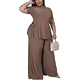 MRSFITOK Wide Leg 2 Piece Outfits for Women Sweatsuit Sexy Short Sleeve Split Shirt Pant Set Casual Tracksuits