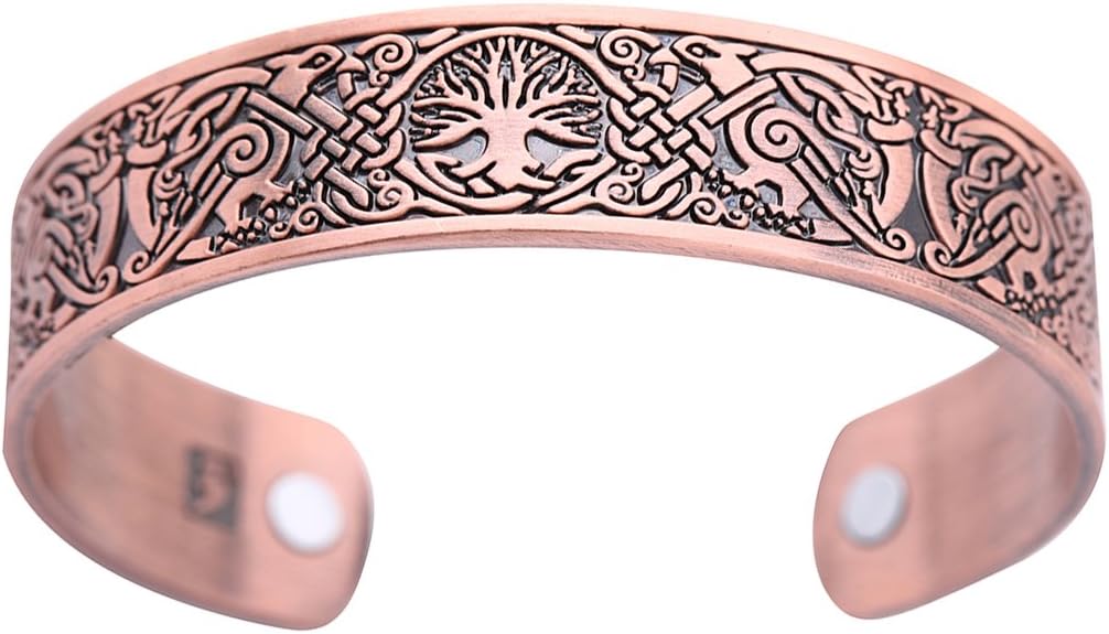 Viking Tree of Life Raven Talisman Magnetic Bangle Bracelet for Easing Fatigue (Antique Copper)
