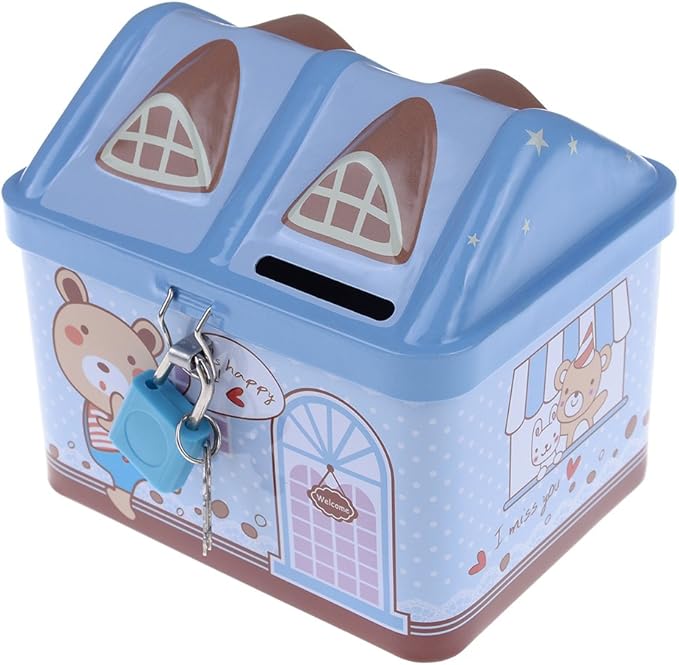Cartoon House Money Box Cute Metal Saving Box with Padlock and Key