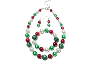 Azusa Sun 3Pcs Christmas Big Simulated Pearl Statement Necklace for Women Red Green White Earrings Bracelet Christmas Festival Holiday Jewelry Set Xmas Party Gifts - A