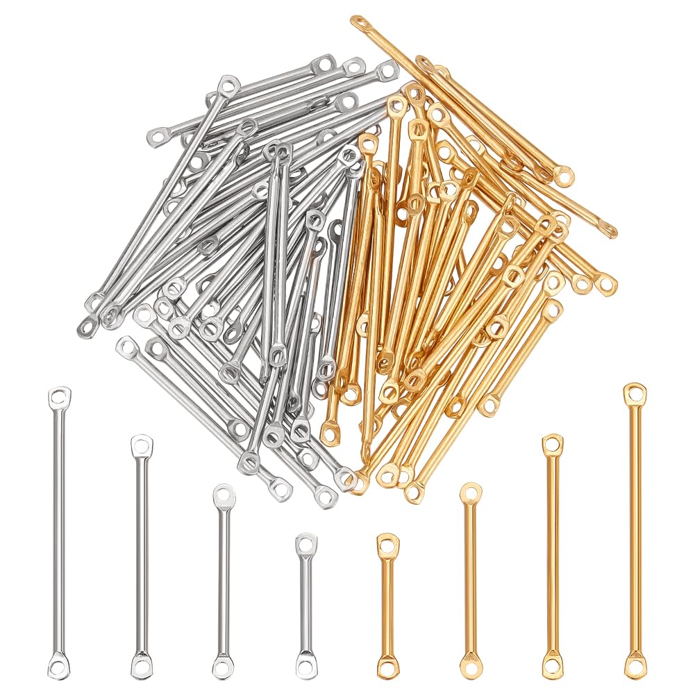 PH PandaHall 80Pcs Stainless Steel Bar Links Connector Charms 4 Sizes 2 Colors Earring Connectors, 2-Hole Stick Strip Beads Jewelry Connectors Links for DIY Earring Bracelet Jewelry Crafts