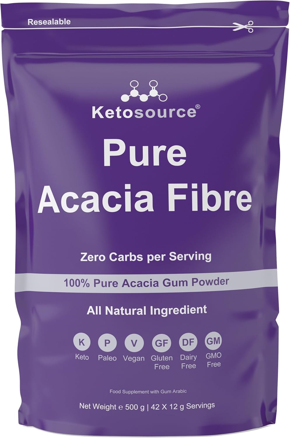 Pure Acacia Fibre | 0g Carbs | Zero Calories | Prebiotic Soluble Fibre Powder Supplement | Supports Fasting & Ketogenic Diet | 500g Pouch | Ketosource®