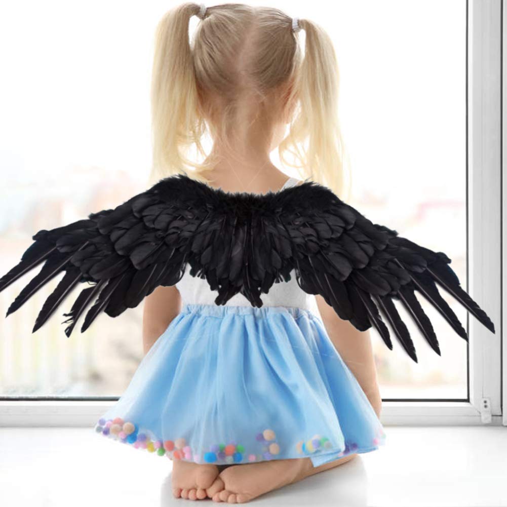 Koogel Black Angel Fairy Wings with Halo, Dark Angel Halloween Fancy Dress Costume for Kids Girls Halloween Cosplay Party