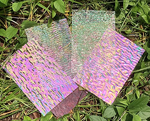Lanyani 12 Sheets Iridescent Stained Glass Sheets Cathedral Art Glass Packs for Mosaic Work Crafts, Assorted Clear + Opaque + Clear Color
