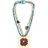 Florate Crystal Stone Bead Necklace for Women Gold Color Square Metal Pendant Multi Strands Ethnic Chunky Statement Tribal Jewelry