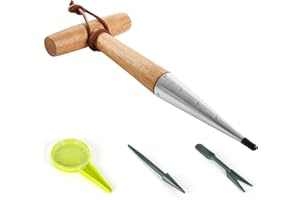 Gardtech Bulb Planter Tool, 4pcs Garden Tool Set, Includes Wood Handle Handheld Dibber Measurements Dibbler, Bamboo Plant Tags Labels, Seed Dispenser Kit, Mark Pen