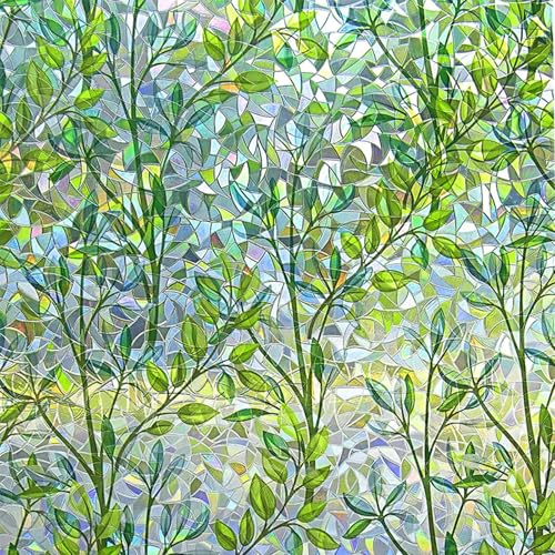 Privacy Window Film, Stained Glass Window Stickers, Rainbow Green Leaves Glass Door Film, Non-Adhesive, Static Window Sticker for Door, Home, Office, Decorative