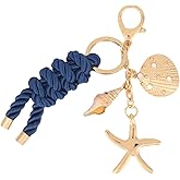 lasuroa Gold Seashell Keychain for Women, Ocean Beach Bag Charms with Seashell & Blue Rope Summer Purse Accessory Fashion Jewelry Gift