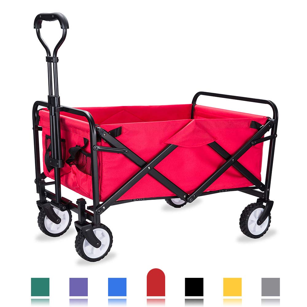 WHITSUNDAY Collapsible Folding Garden Outdoor Park Utility Wagon Picnic Camping Cart with Replaceable Cover (Compact Size, Red)