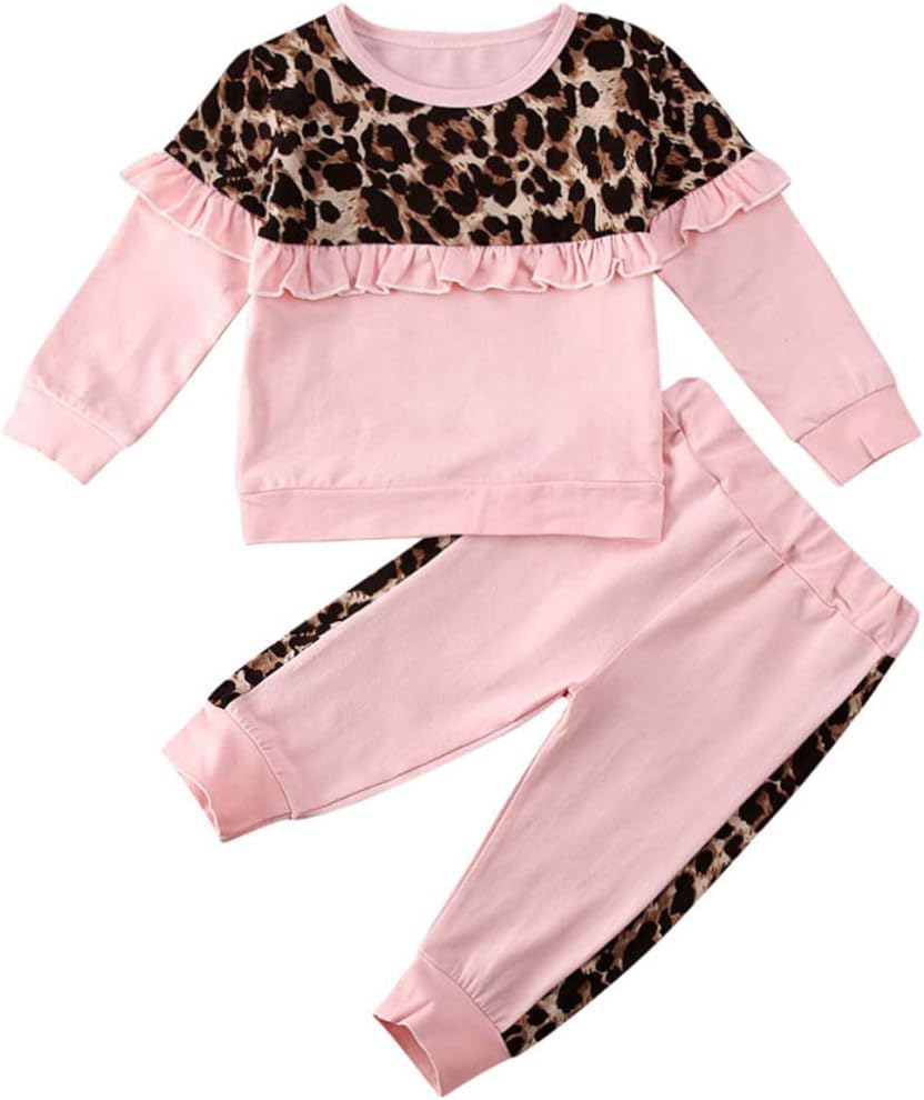 Kids Toddler Baby Girl Leopard Clothes Outfits Long Sleeve Ruffle T-Shirt Tops Flare Bell Bottom Pants Set