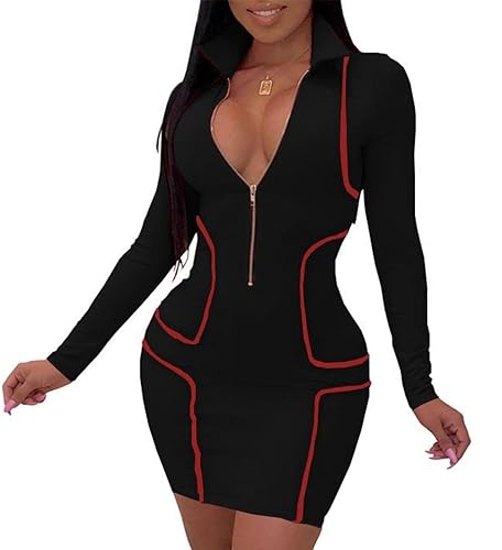 Black Dress for Women Sexy Zipper Front Deep V Neck Bodycon Mini Going Out  Party Club Dresses for Date Night Cocktail Large in Kenya | Whizz Club