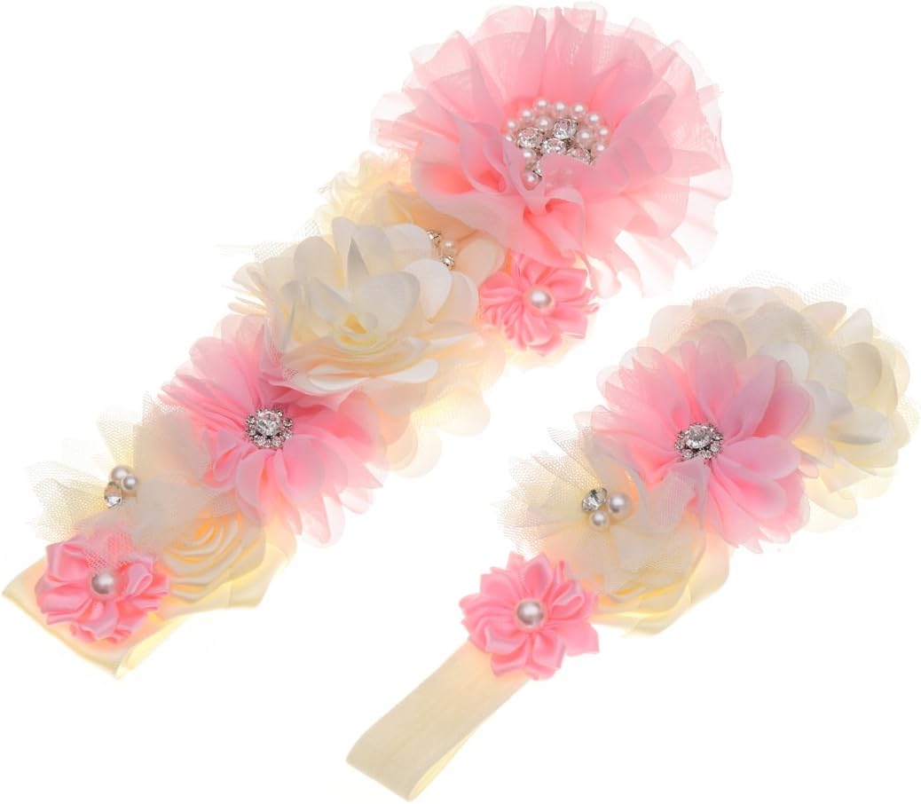 RoyaLily Flower Maternity Sash Floral Belt Baby Shower Dress Accessories Baby hair Band Set