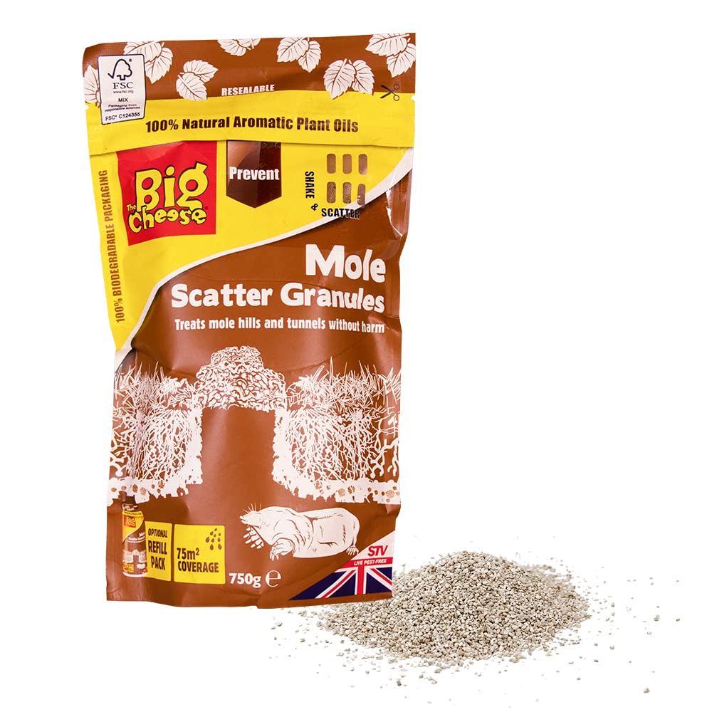 The Big Cheese Mole Scatter Granules - 750g, Natural/ Biodegradable Eﬀective Mole Deterrent Harmless to Animals and the Environment Treat Gardens up to 75sq m. Ready-To-Use