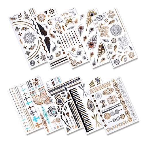 eBoot 10 Sheets Metallic Temporary Tattoos 200 Shimmer Designs (Gold, Silver, Black)