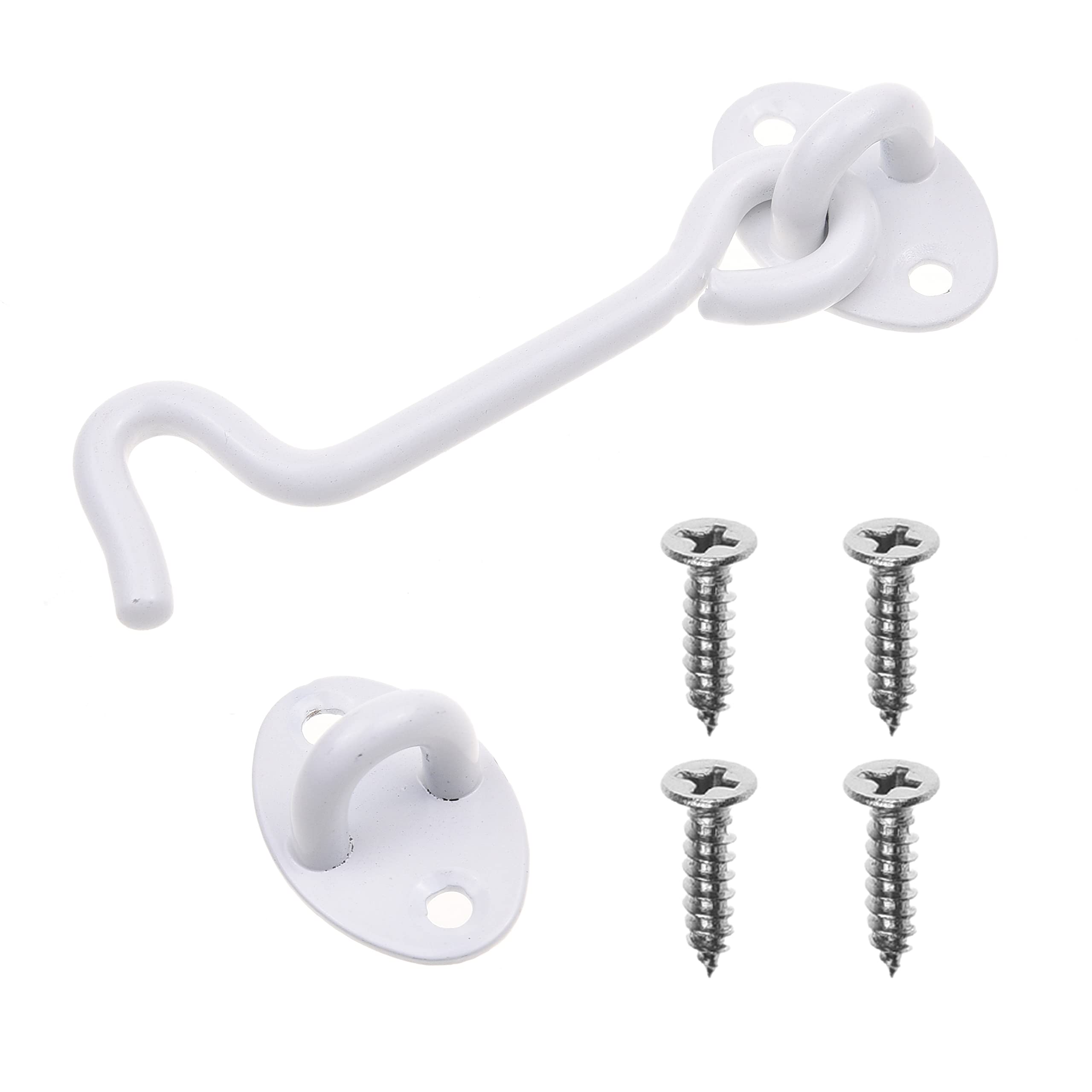 4-inch Heavy Duty Hook and Eye Latch - Barn Door Lock (White), 4X Mounting Screws - Powder Coated Stainless Steel Hooks for Door, Windows, Sheds, Fences, Gates, Closets, Cabinets
